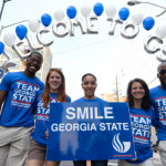 Blue and white balloon arch welcoming Georgia State University students